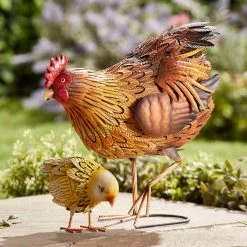 Metal Chicken & Hen Set - Brown